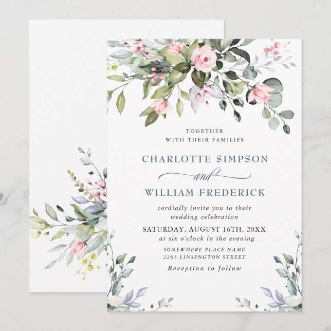 Invitation Élégant Mariage Roses Fardées d'Eucalyptus (Devant / Derrière)