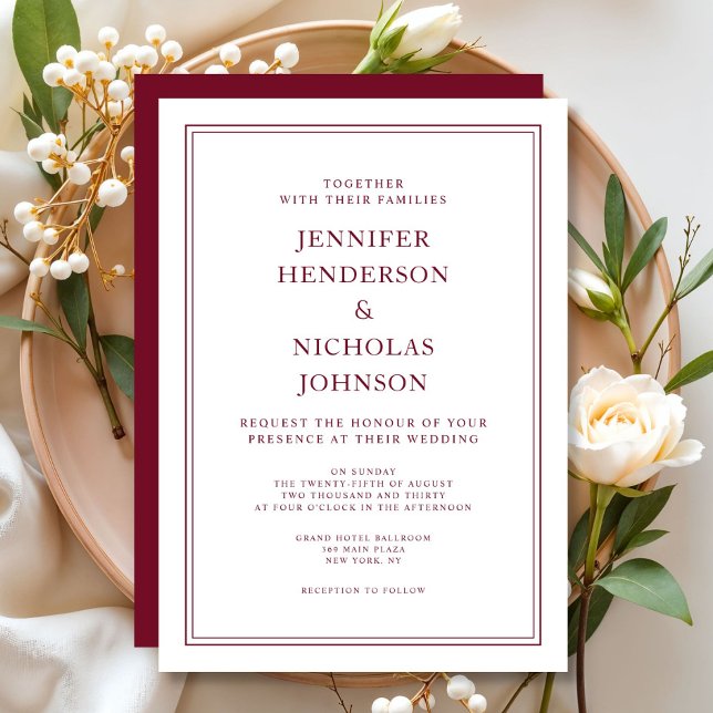 Invitation Élégant mariage rouge bordeaux formel (Elegant Formal Burgundy Red Wedding Invitation)