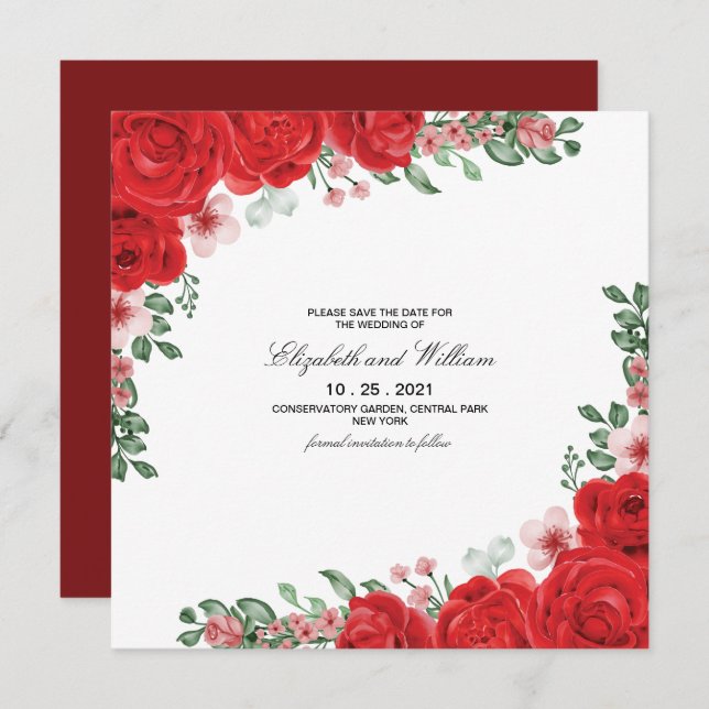 Invitation Élégant Mariage Rouge Floral Enregistrer La Date I (Devant / Derrière)
