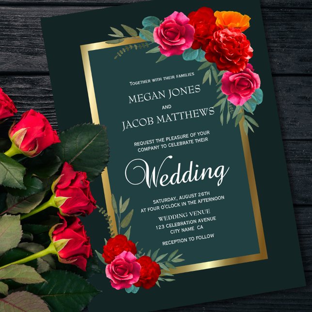 Invitation Élégant Mariage rouge vert or Floral (Créateur téléchargé)