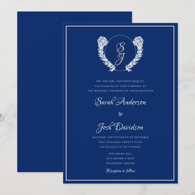 Invitation Élégant Mariage Royal Blue Monogram (Devant / Derrière)