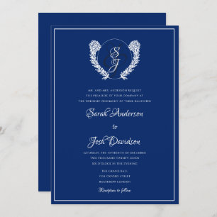 Invitation Élégant Mariage Royal Blue Monogram