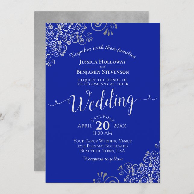 Invitation Elégant Mariage Royal Blue & Silver Calligraphy (Devant / Derrière)