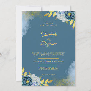 Invitation Élégant Mariage Royal Navy Bleu Or Floral