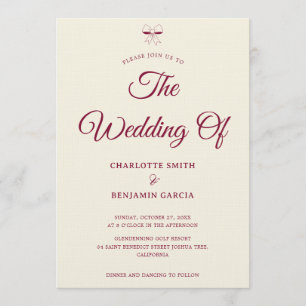 Invitation Élégant Mariage Rubis Écriture Crème Ivoire Nœud