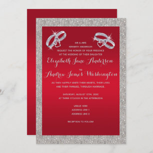 Invitation Élégant Mariage Ruby Red & Sparkly Silver Rings