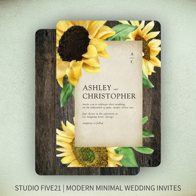 Invitation Élégant Mariage rustique de tournesol en bois (Créateur téléchargé)