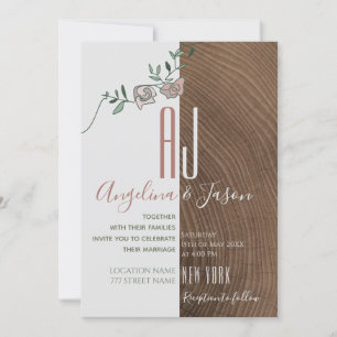 Invitation Élégant Mariage Rustique en Bois et Fleurs Rose Po