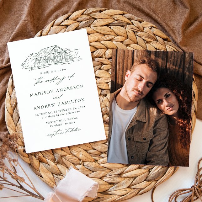 Invitation Élégant Mariage Rustique Photo de Grange Verte (Créateur téléchargé)