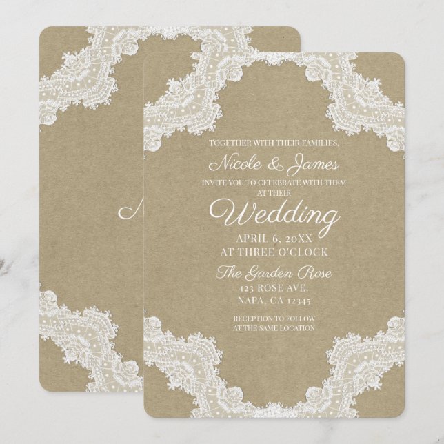 Invitation Élégant Mariage Rustique Romantique Dentelle Blanc (Devant / Derrière)