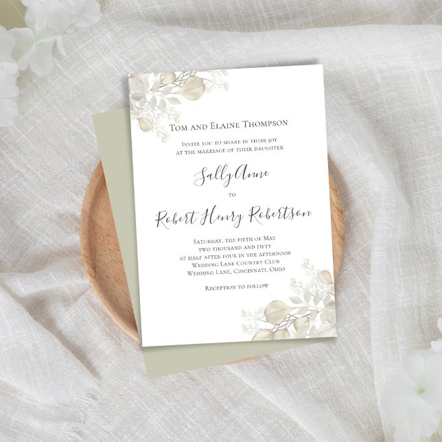 Invitation Élégant Mariage Sage Verdure Script (Simple and elegant sage green and cream foliage wedding invitation.)