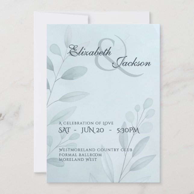 Invitation Élégant Mariage Script Botanique Bleu Clair  (Devant)