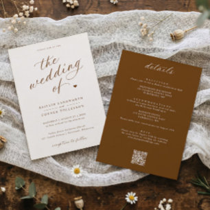 Invitation Élégant Mariage Script Brun & Crème Tout en Un