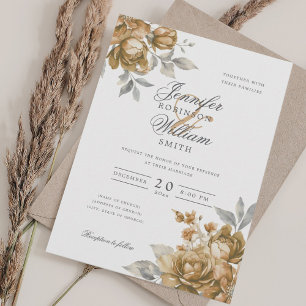 Invitation Élégant Mariage Script Or Floral Rustique Naturel