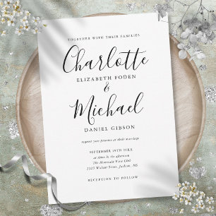 Invitation Élégant Mariage Script Signature Noir et Blanc