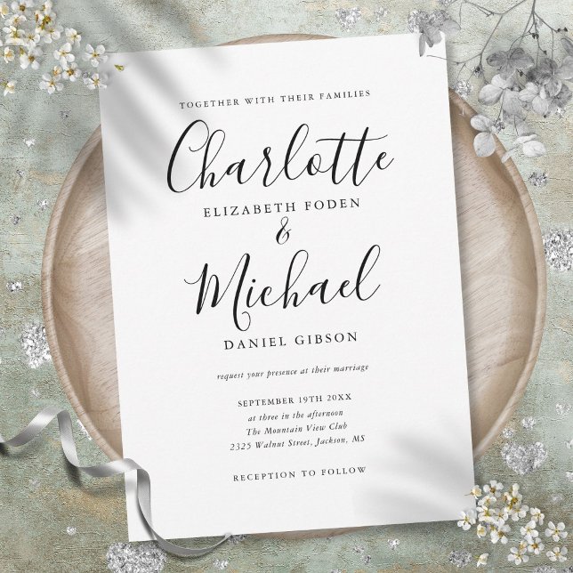Invitation Élégant Mariage Script Signature Noir et Blanc (Elegant Black And White Signature Script Wedding Invitation)