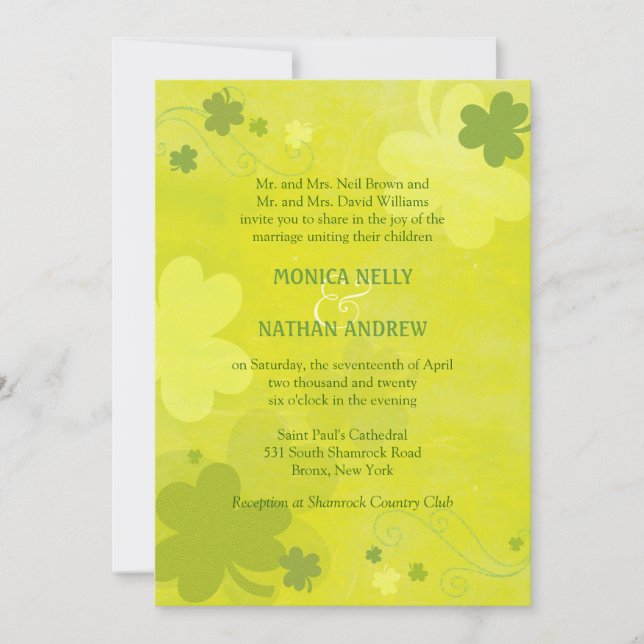Invitation Élégant Mariage Shamrock vert irlandais (Devant)