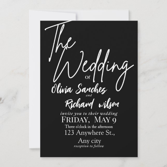 Invitation Élégant Mariage Simple Blanc et Noir  (Devant)