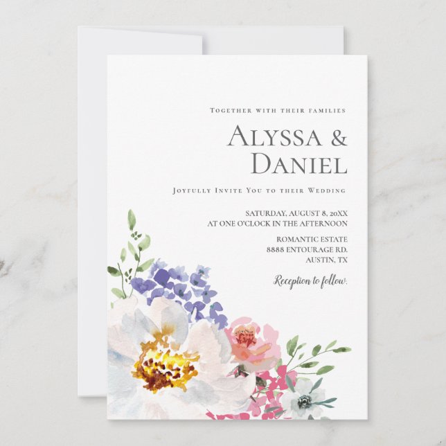 Invitation Elégant Mariage simple Floral aquarelle (Devant)