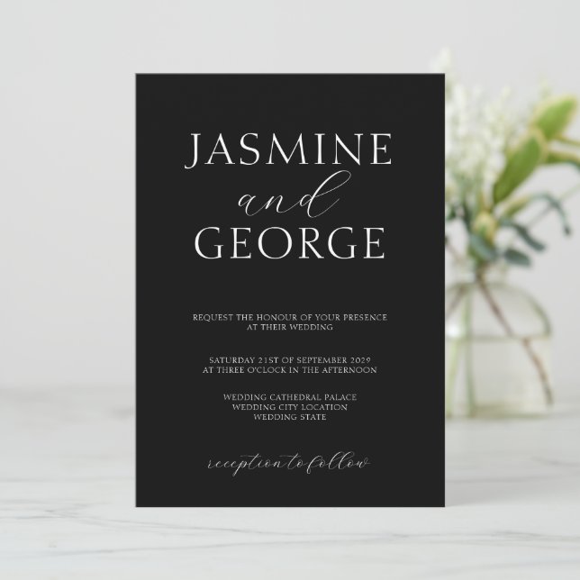 Invitation Élégant Mariage Simple Moderne Noir Écriture (Debout devant)