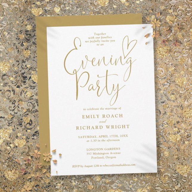 Invitation Élégant mariage soiré écriture coeur en or (Elegant Gold Heart Script Wedding Evening Party Invitation)