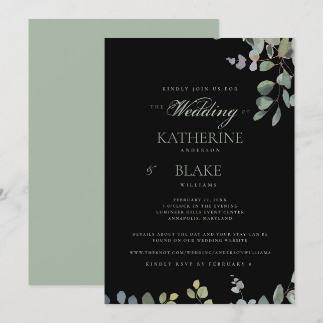 Invitation Élégant Mariage sur Site Web Eucalyptus Noir Grâce (Devant / Derrière)