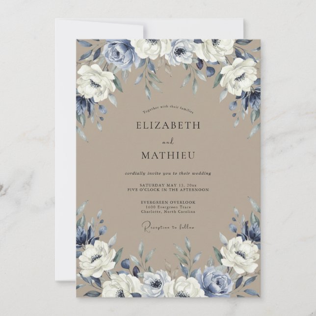 Invitation Élégant Mariage Taupe Pervenche Peint (Devant)