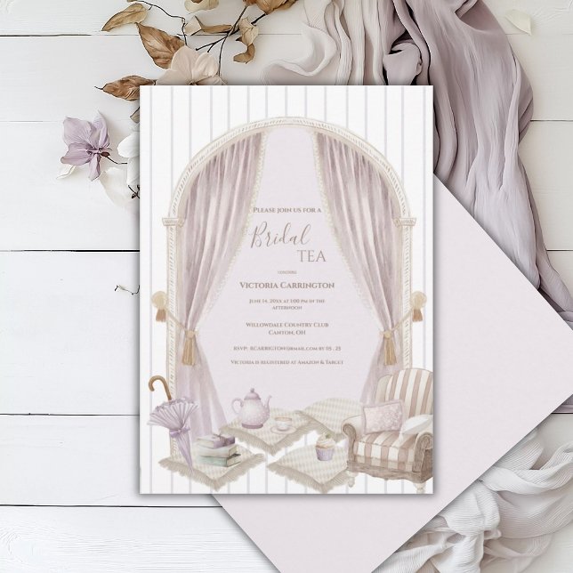 Invitation Elégant Mariage Tea Shower à rayures violettes   (Créateur téléchargé)