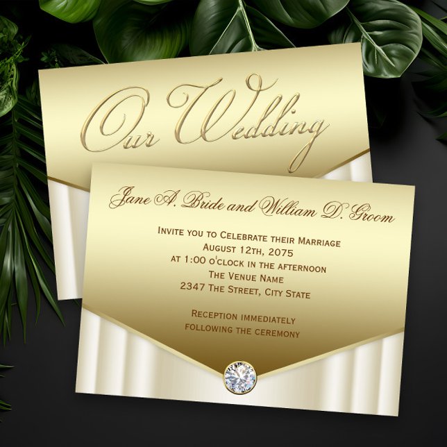 Invitation Élégant Mariage Tourbillon Diamant Or Ivoire  (Elegant gold diamond wedding invitations.)