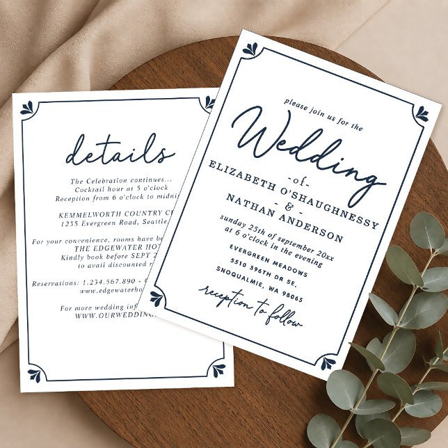 Invitation Élégant Mariage Tout-Compris Simple Blanc & Bleu  (Créateur téléchargé)