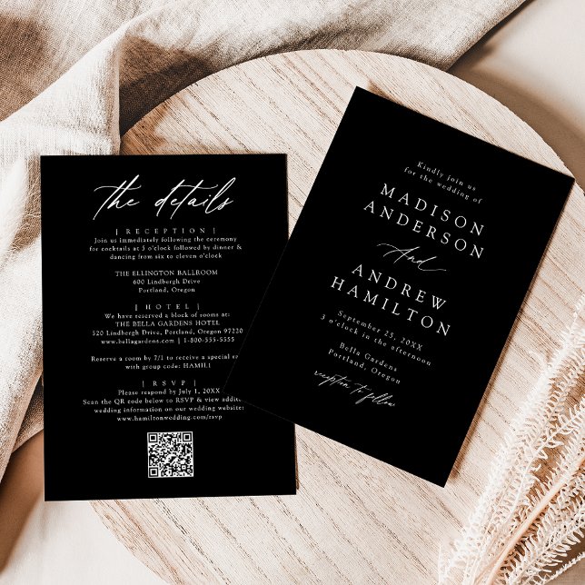 Invitation Élégant Mariage Tout En Un Code QR Noir et Blanc (Créateur téléchargé)