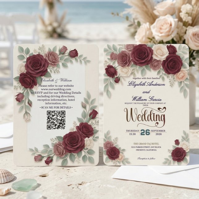 Invitation Élégant mariage tout-en-un code QR Rose de Bourgog (Créateur téléchargé)