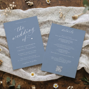 Invitation Élégant Mariage Tout en Un Écriture Bleue Poussiér