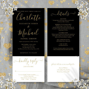 Invitation Élégant Mariage Tout En Un Noir Et Or Script