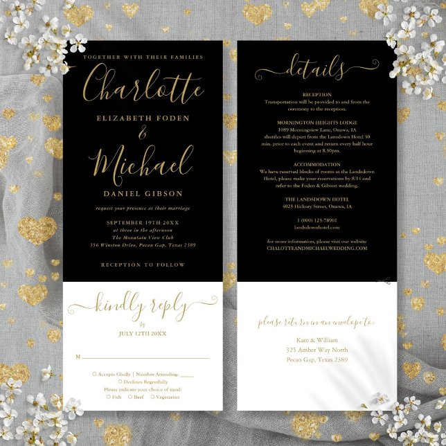 Invitation Élégant Mariage Tout En Un Noir Et Or Script (Elegant Black And Gold Script All In One Wedding Invitation)