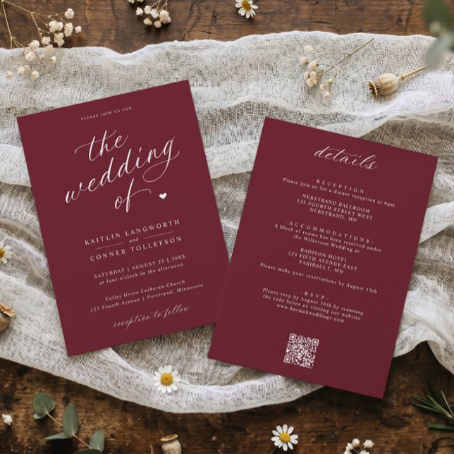 Invitation Élégant Mariage Tout en Un Rouge Bourgogne Script (Burgundy red wedding invitation with white calligraphy and elegant classic typography.)