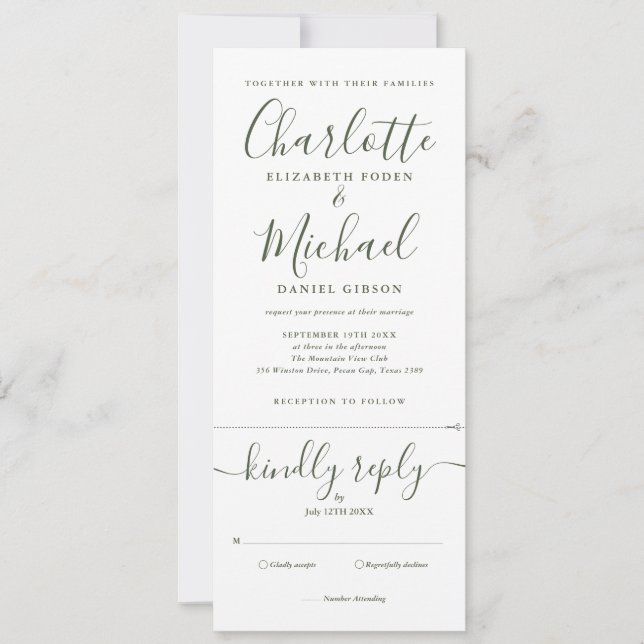 Invitation Élégant Mariage Tout En Un Vert Olive Script (Devant)