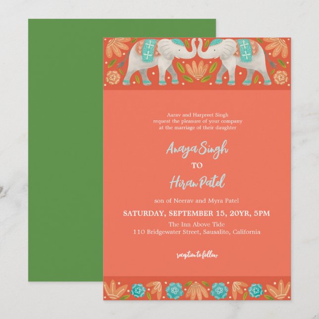 Invitation Élégant Mariage traditionnel indien des éléphants (Devant / Derrière)