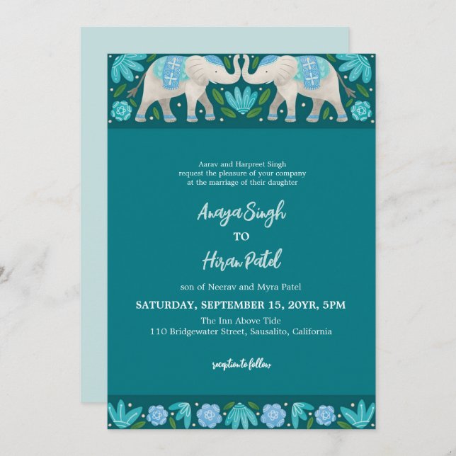 Invitation Élégant Mariage traditionnel indien des éléphants (Devant / Derrière)