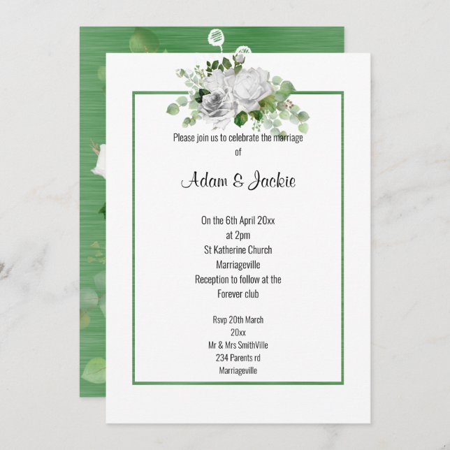 INVITATION ÉLÉGANT MARIAGE TRIM FLORAL BOUQUET SAGE (Devant / Derrière)