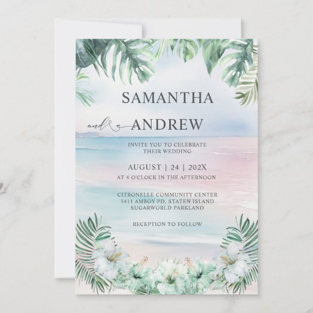 Invitation Élégant mariage tropical aquarelle (Devant)