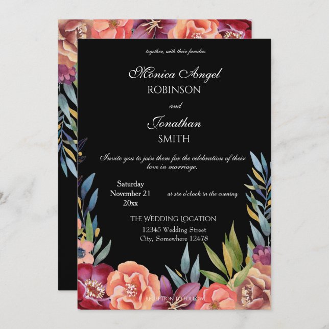 Invitation Élégant Mariage Tropical Burgundy & Blush Black V2 (Devant / Derrière)