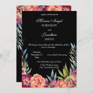 Invitation Élégant Mariage Tropical Burgundy & Blush Black V2