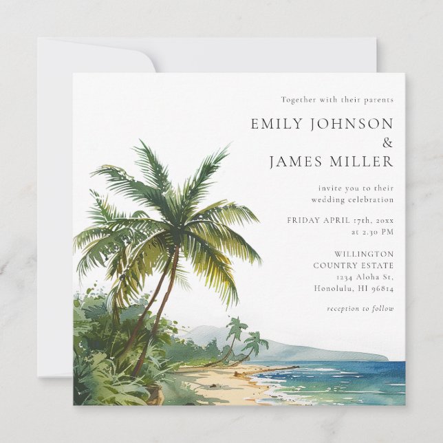 Invitation Élégant mariage tropical de plage aquarelle (Devant)