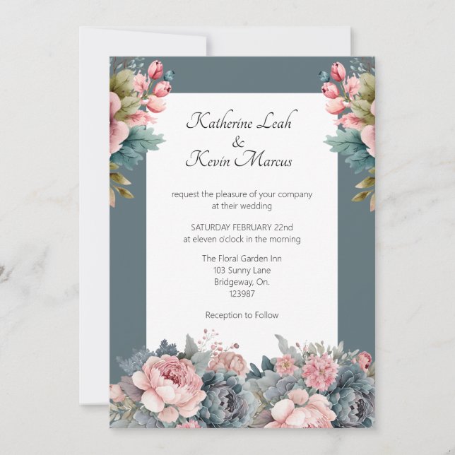 Invitation Élégant Mariage Turquoise bleu floral (Devant)