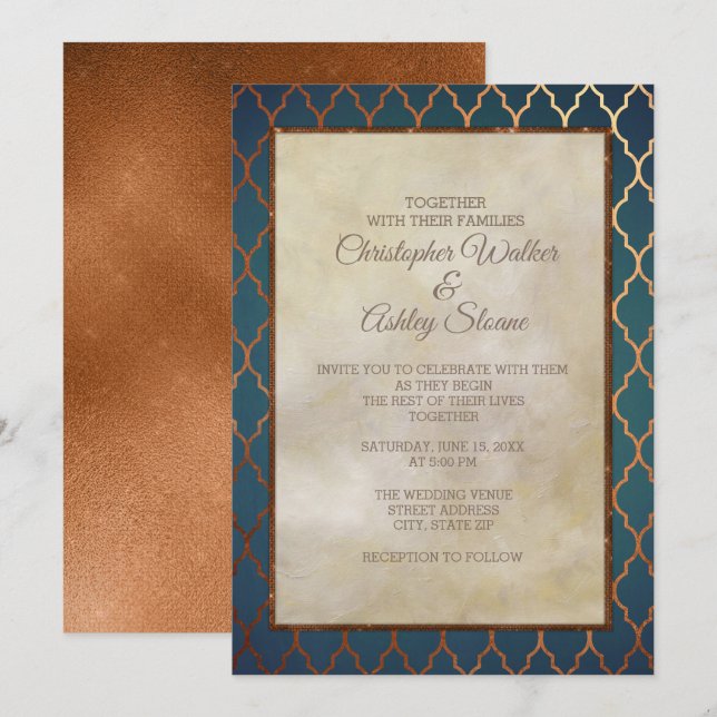 Invitation Elégant mariage Turquoise en cuivre (Devant / Derrière)