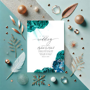Invitation Élégant Mariage Turquoise et Silver Floral