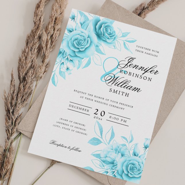 Invitation Élégant Mariage Turquoise Floral avec QR RSVP (Elegant Script Wedding Turquoise Floral w/ QR RSVP Invitation)