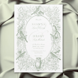 Invitation Élégant Mariage Vert Chinoiserie Nature et Oiseaux