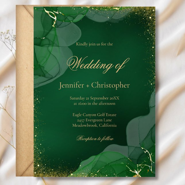 Invitation Élégant Mariage Vert Émeraude Or Marbre (Elegant Emerald Green Gold Marble Wedding Invitation)